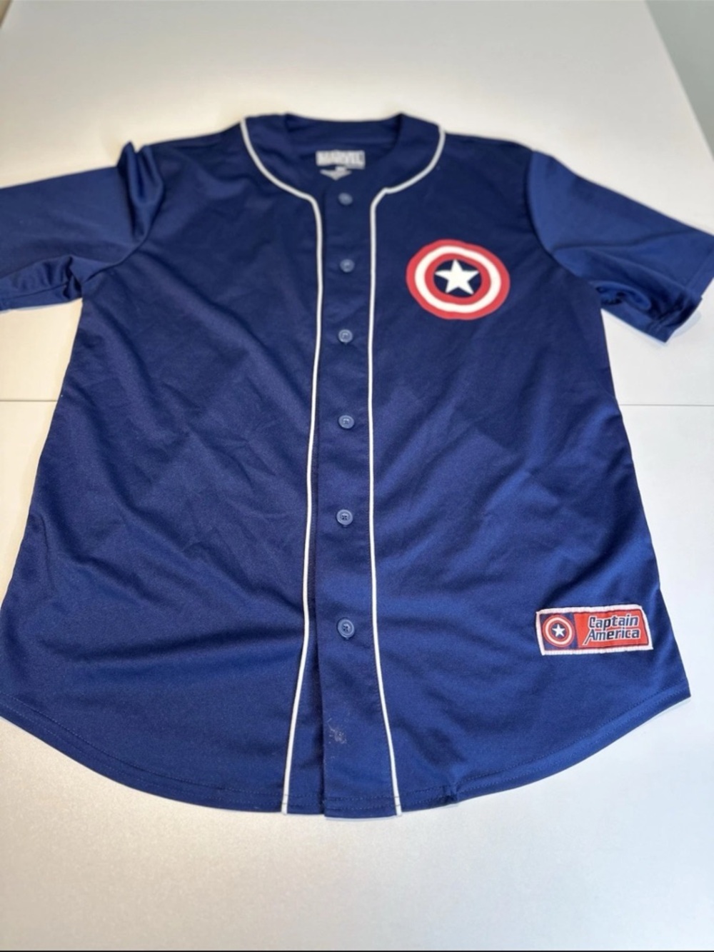 Marvel Captain America Navy Blue Baseball Jersey with Shield Patch